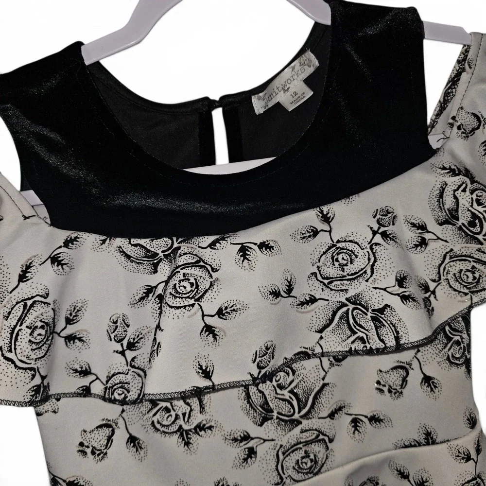 Knitworks Floral Dress Girls 12 White Black Good Cold Shoulder Velvet Ruffle
